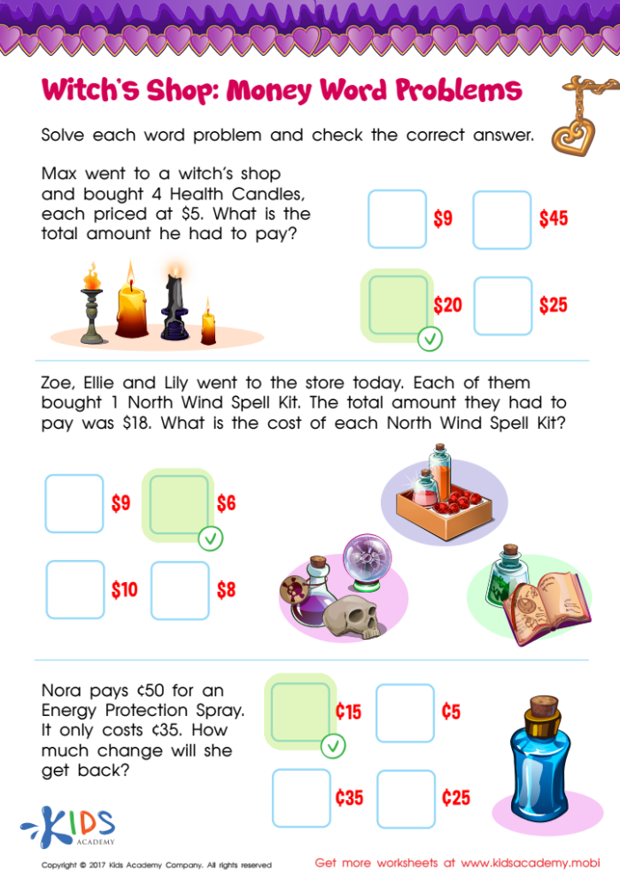First grade student worksheet featuring money math word problems for addition practice