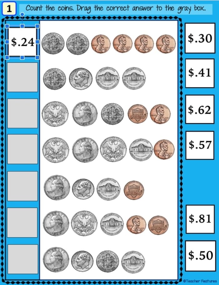Counting Money worksheet for first graders featuring coin value and word problems