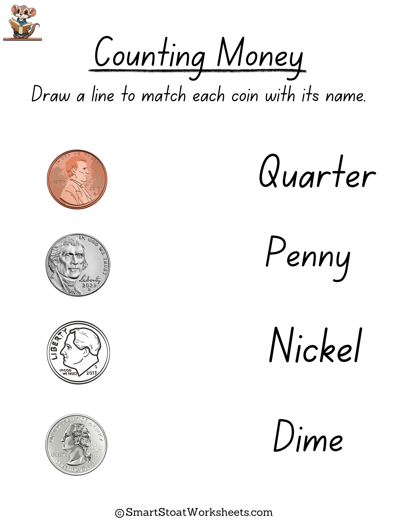 First grade counting money worksheet featuring coin value questions and money word problems