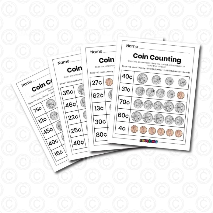 First grade student using a Counting Money worksheet to solve coin value and word problems