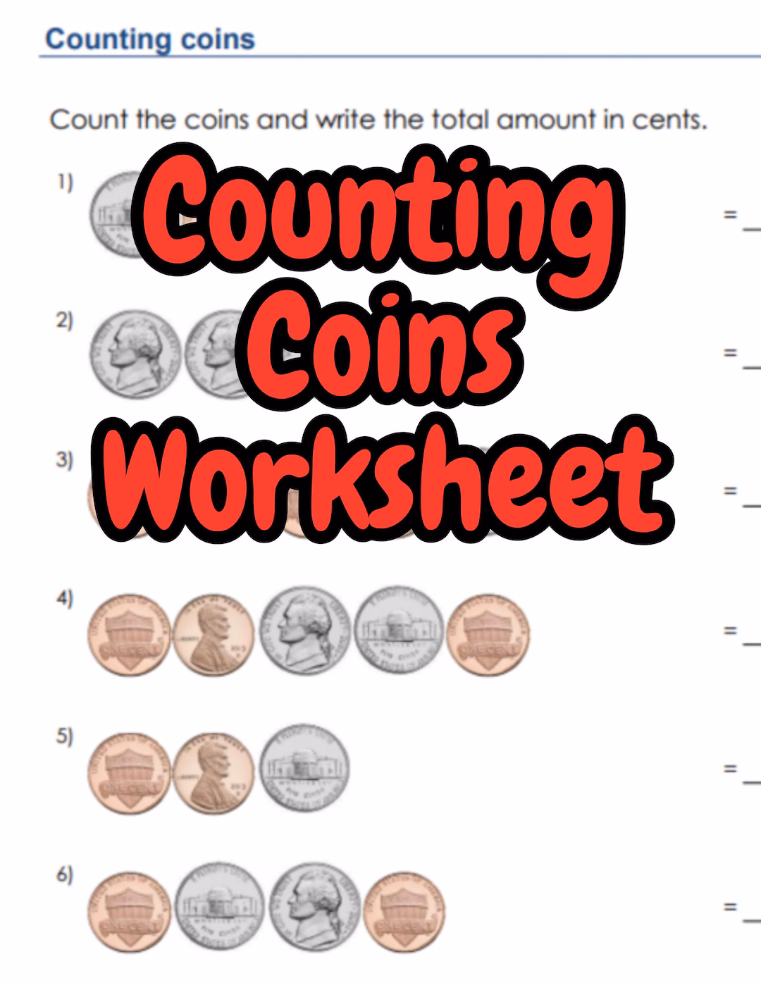 First grade student counting and adding penny, nickel, dime and quarter values on a practice worksheet