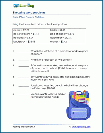First grade worksheet featuring a money math word problem about Sam shopping for lunch