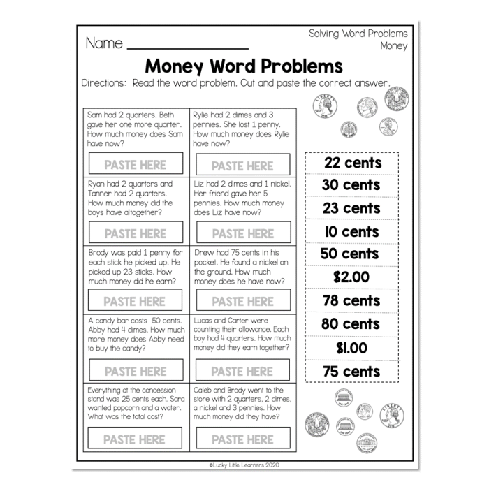 First grade student solving a money math word problem about lunch costs