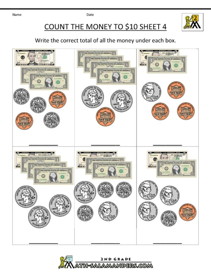 ALT text: First grade money practice worksheet featuring Dennis Duck counting coins in groups