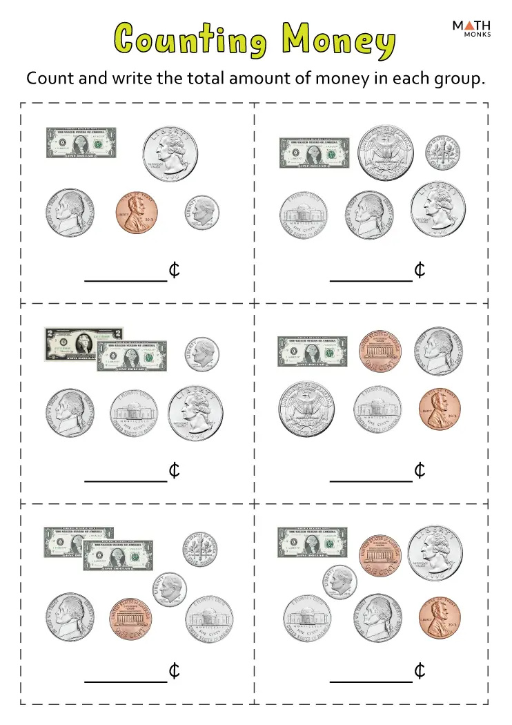 ALT text for a first-grade worksheet showing Dennis Duck counting coins and marking their values