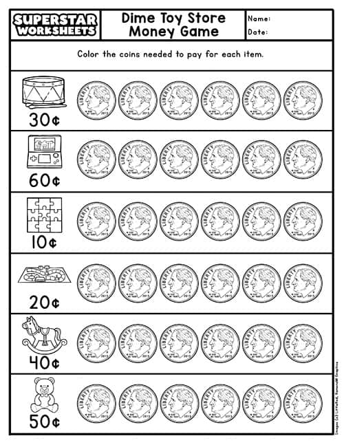 First grade student worksheet featuring Dennis Duck asking children to count coins and mark the correct money values