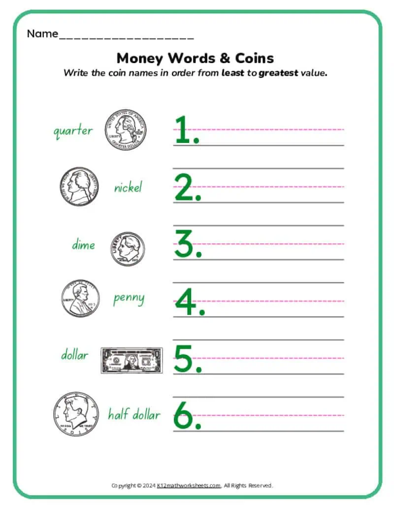 A first-grade worksheet featuring Dennis Duck counting coins in groups to determine their total value
