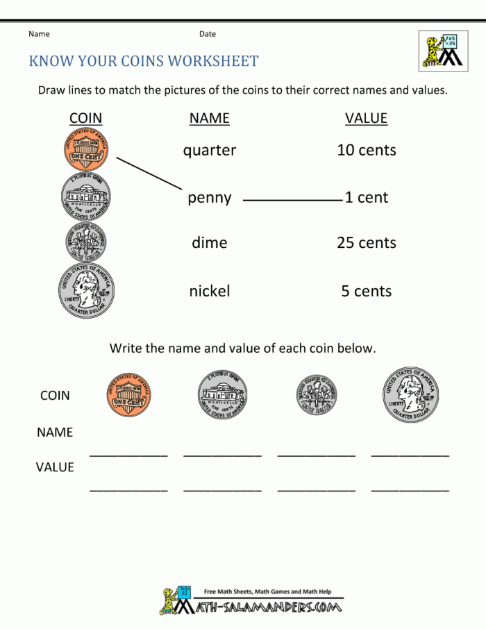 First grade students engaged in a money quiz worksheet featuring various coins