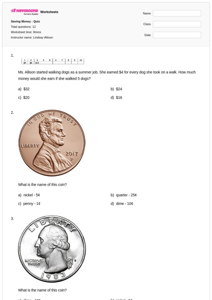 First grade math worksheet featuring a fill-in-the-bubble money quiz for counting coins