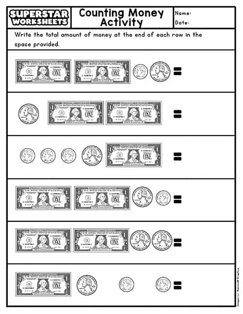 First grade money word search puzzle with words like dimes, quarters, and pennies hidden in a grid for children to find