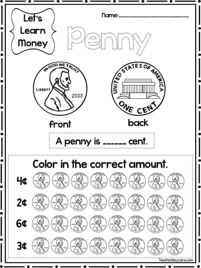 First grade money word search puzzle with dimes, quarters, and pennies hidden in grid