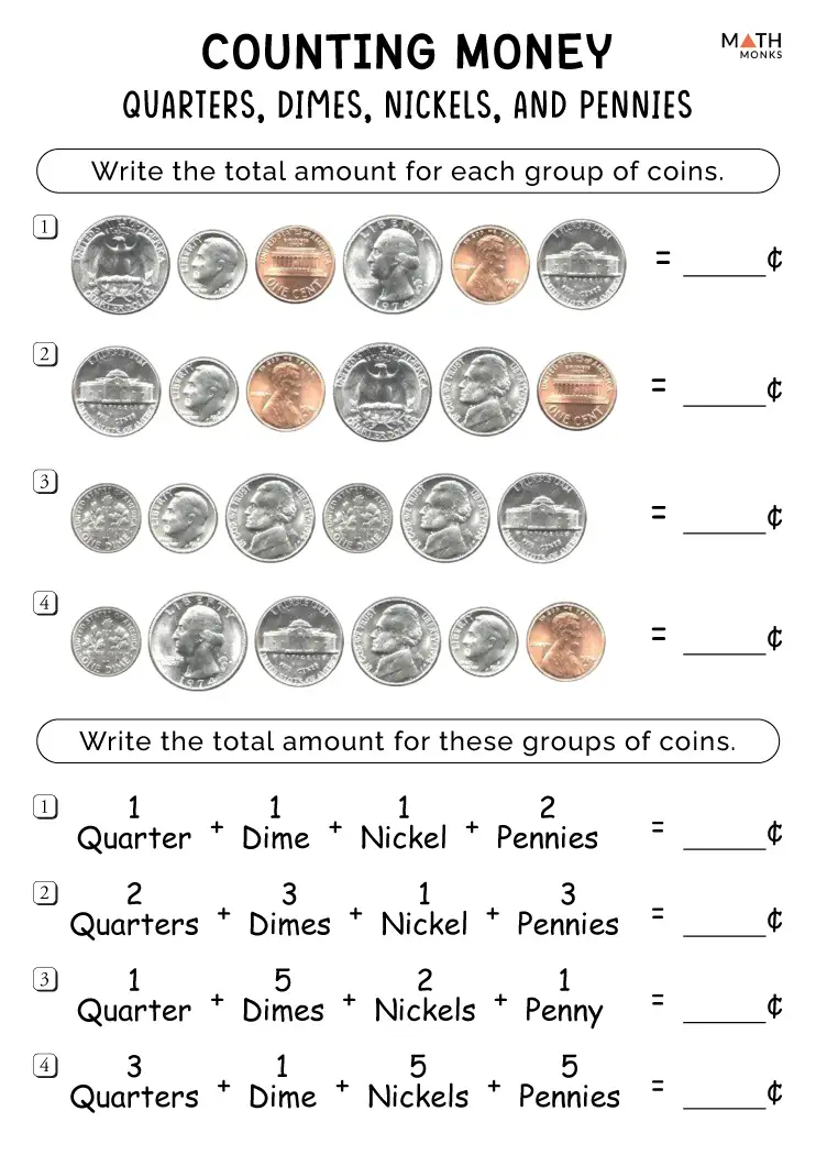 First grade money word search puzzle with dimes quarters pennies and coins hidden in letter grid for algebra practice