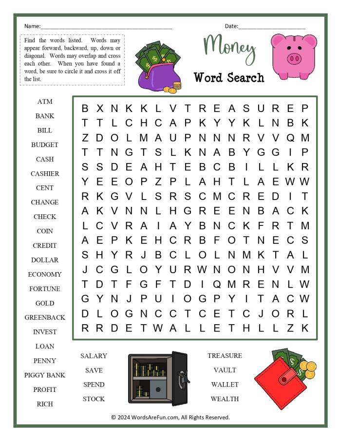 First grade algebra worksheet featuring a money themed word search puzzle for finding coin names