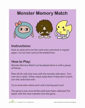 First grade student playing a Monster Match memory card game worksheet