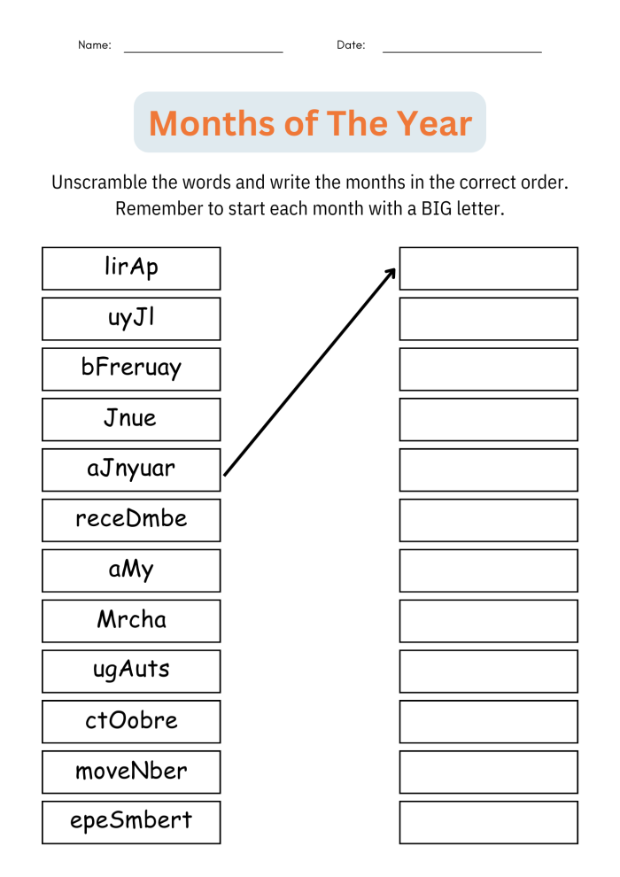 Months of the Year worksheet designed for first graders to identify calendar months