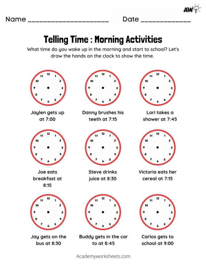 First Grade Telling Time: Morning Activities worksheet image 19 Worksheet featuring morning activities for telling time with analog and digital clocks