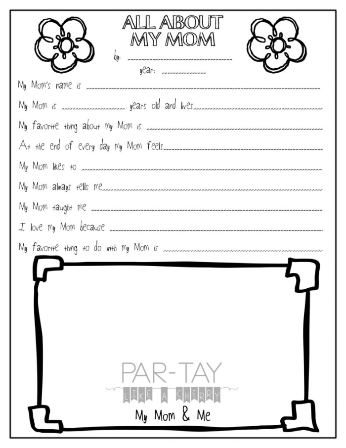 First grade All About My Mom fill-in-the-blank worksheet for Mother's Day activity 11
