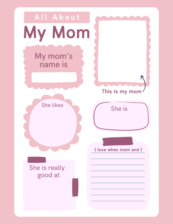 First grade student filling out an All About My Mom Mother's Day worksheet with drawing space