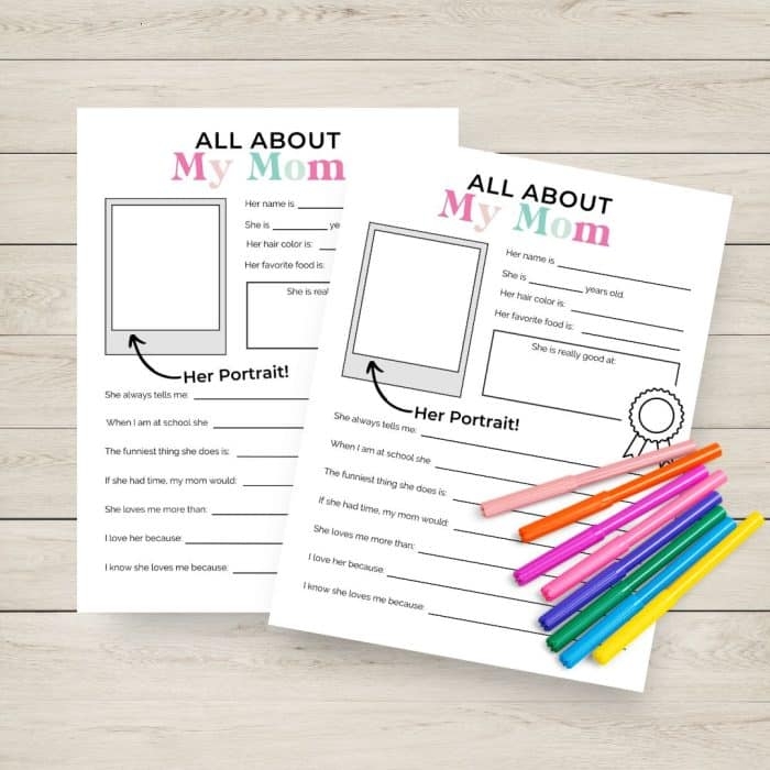 Fill-in-the-blank Mother's Day worksheet for first graders to describe and illustrate their mom