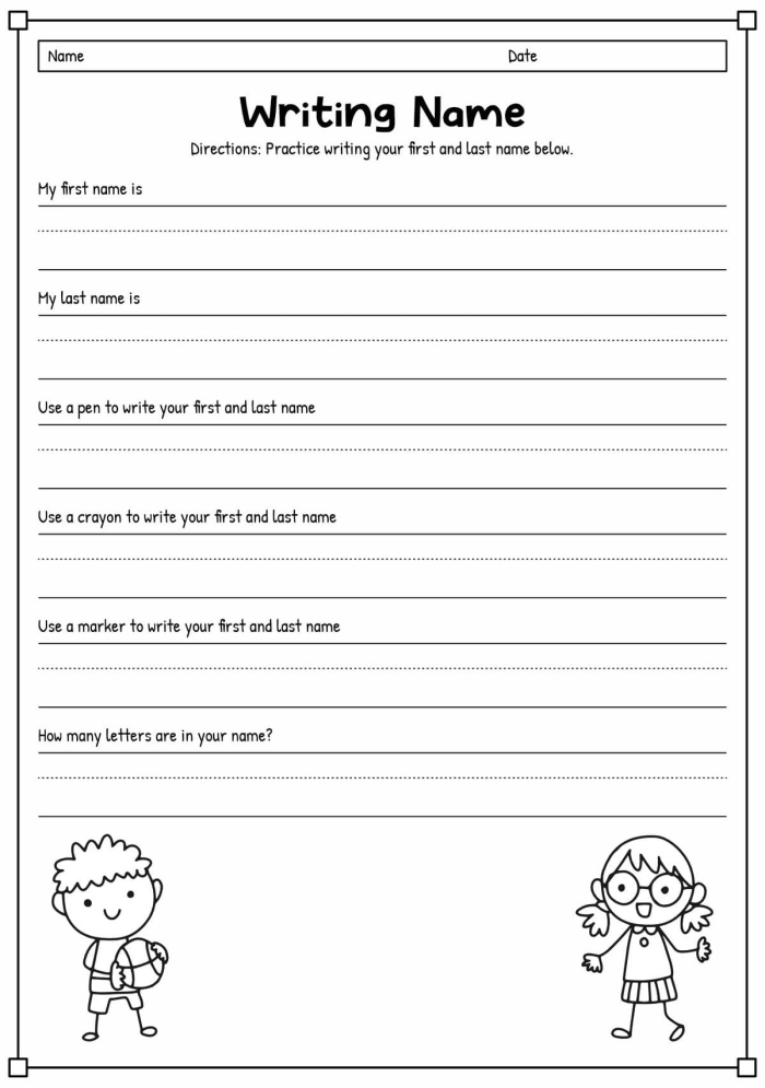 Worksheet image for assessing name writing skills in first grade history class First grade writing worksheet for students to practice writing their first and last names