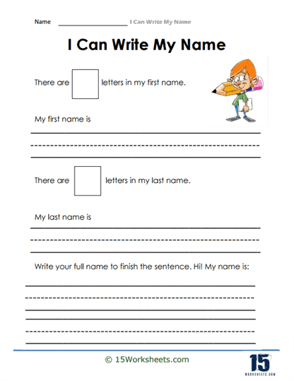 History worksheet for First Grade First grade writing worksheet for students to practice their first and last name. Worksheet designed to assess name writing skills in young learners.