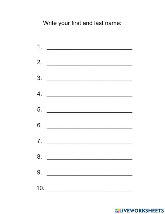 Worksheet image for assessing name writing skills in first graders First grade writing worksheet for students to practice writing their first and last names