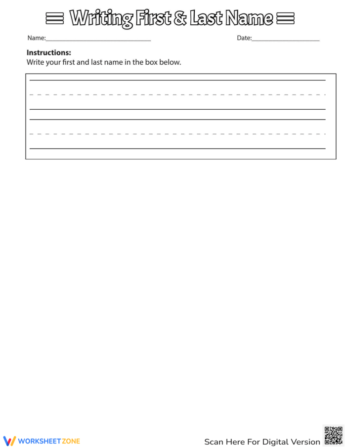 Assess your students' name writing skills with this engaging worksheet for first graders First grade worksheet for students to practice writing their first and last names