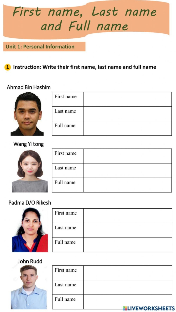 Worksheet image showcasing a name writing exercise for first graders First grade worksheet for students to practice writing their first and last names