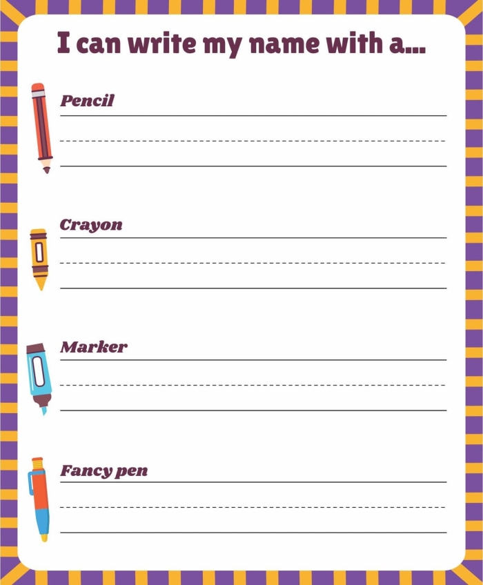 Worksheet for assessing name writing skills in first graders First grade writing worksheet for students to practice their first and last names