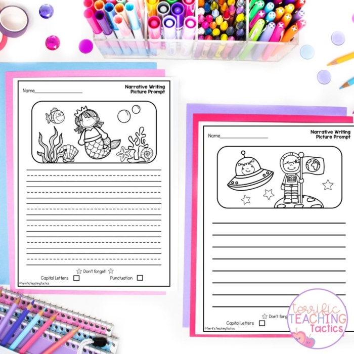 First grade students engaged in narrative writing using a fun prompt worksheet