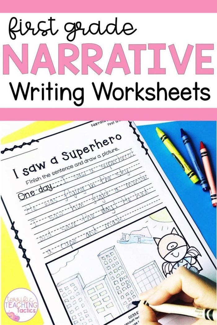First grade students engaging with a narrative writing prompt worksheet. Narrative Writing Prompt worksheet for first graders.