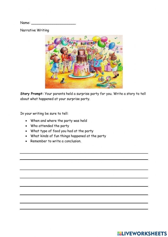 First grade student practicing storytelling with a narrative writing prompt worksheet