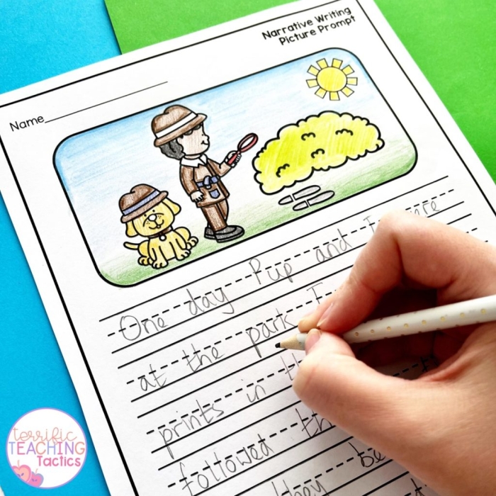 First grade students engaging with a narrative writing prompt worksheet
