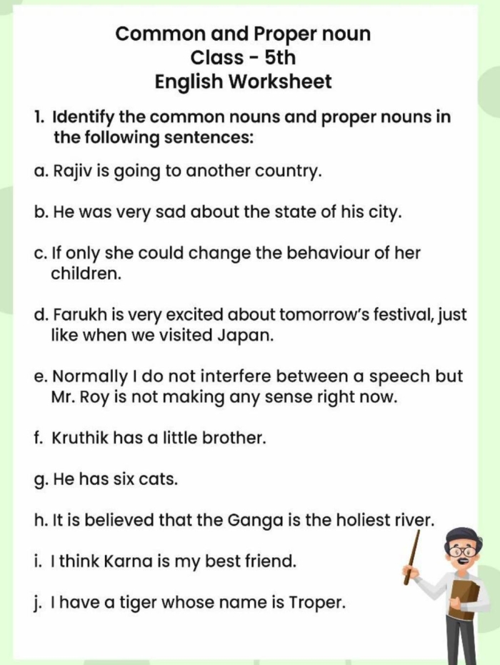 Worksheet for first graders to differentiate between common and proper nouns