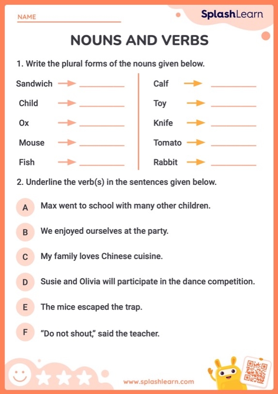 First grade worksheet showing a grammar activity to distinguish between nouns and verbs in sentences