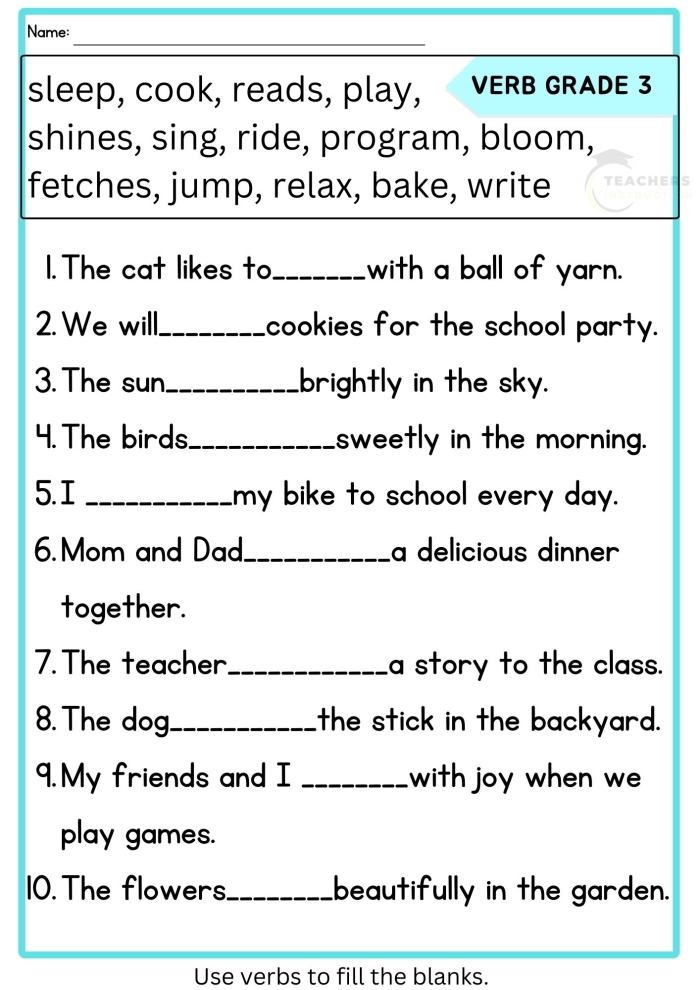 Worksheet featuring first graders practicing noun and verb identification in sentences