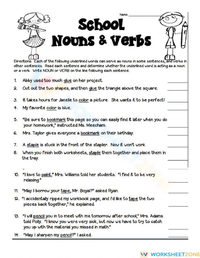 First grade worksheet for identifying nouns and verbs in sentences