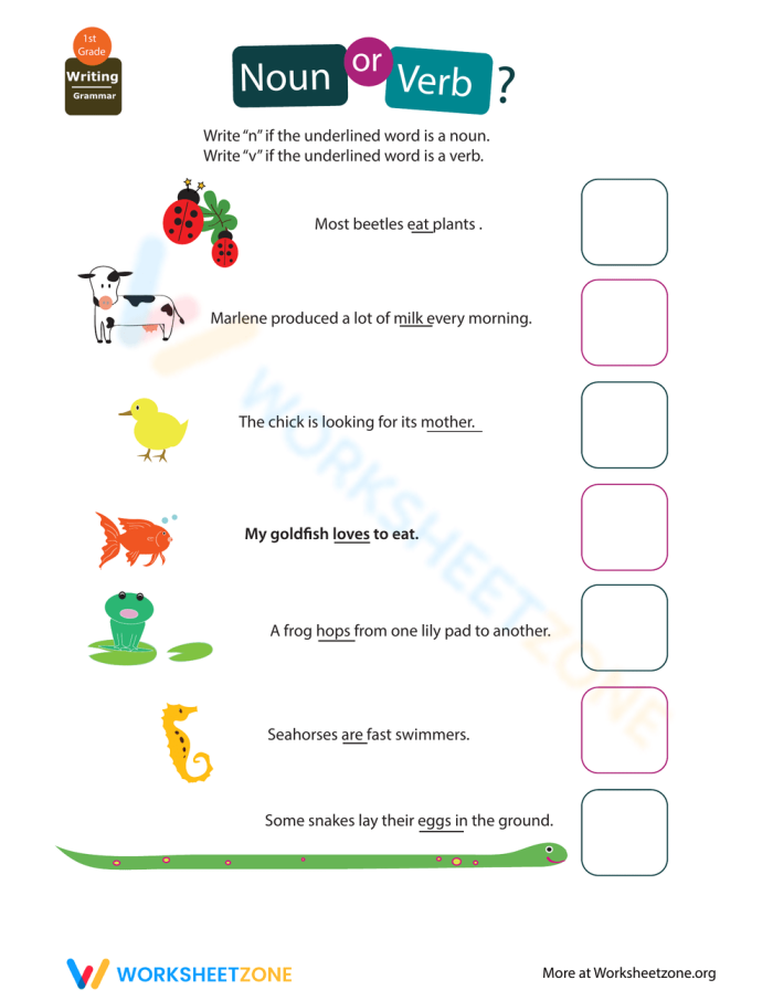 First grade worksheet for identifying nouns and verbs in sentences