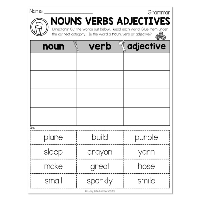First grade student practicing noun and verb identification on a grammar worksheet