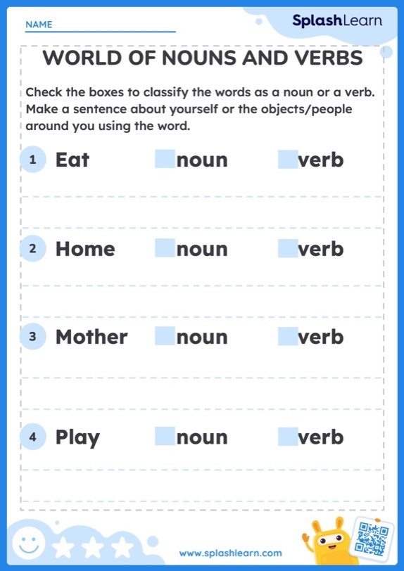 First grade grammar worksheet for identifying nouns and verbs in sentences