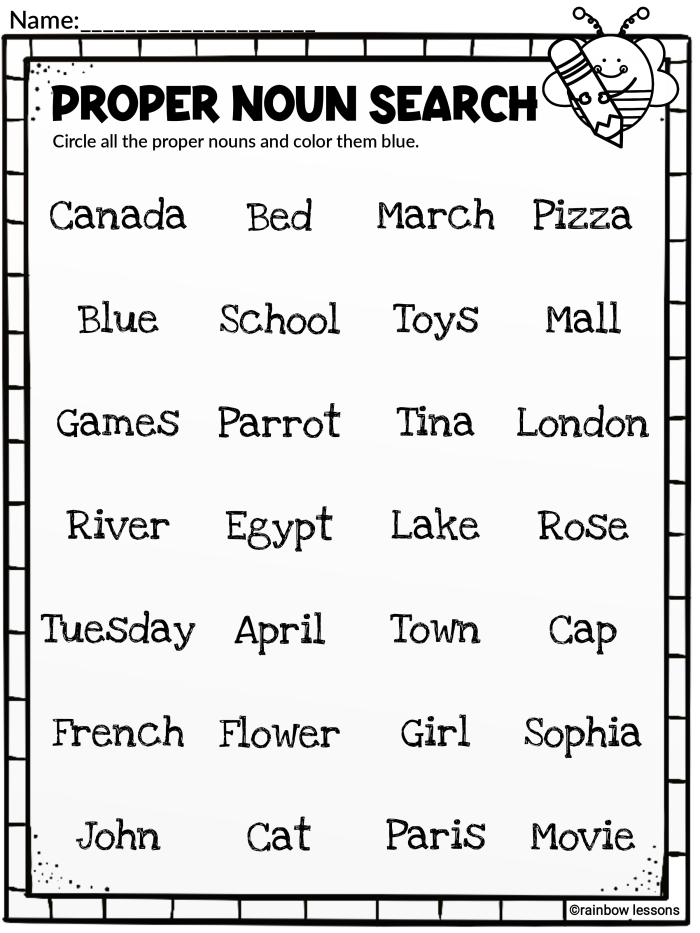 Worksheet for first graders distinguishing between common and proper nouns