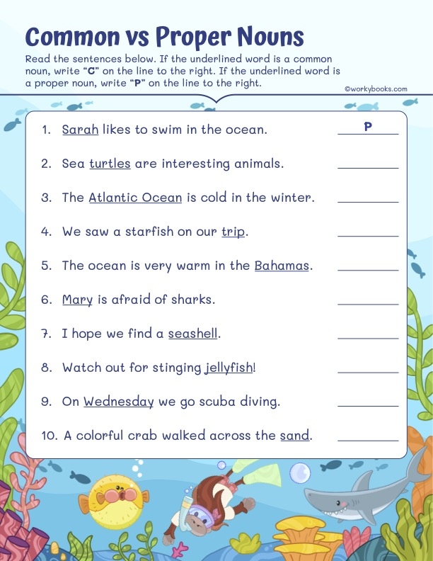 Worksheet for first graders distinguishing between common and proper nouns. Get into Grammar: Common or Proper Noun? worksheet for young writers.