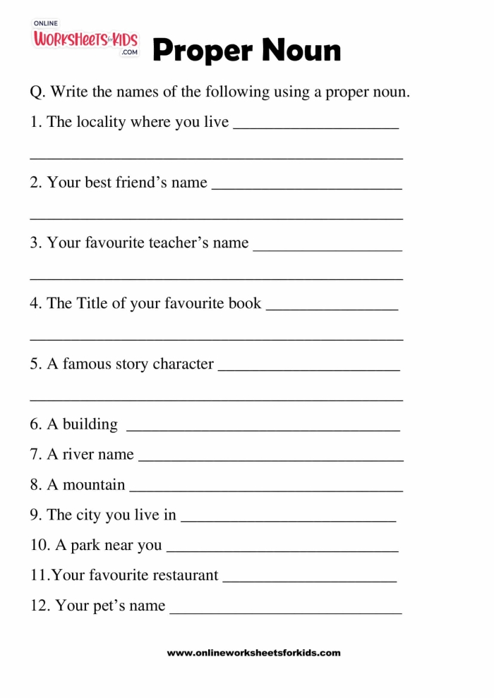 Worksheet for first graders distinguishing between common and proper nouns