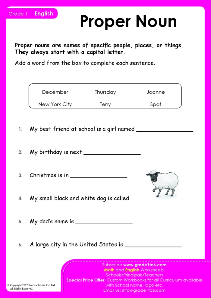 Worksheet for first graders distinguishing between common and proper nouns