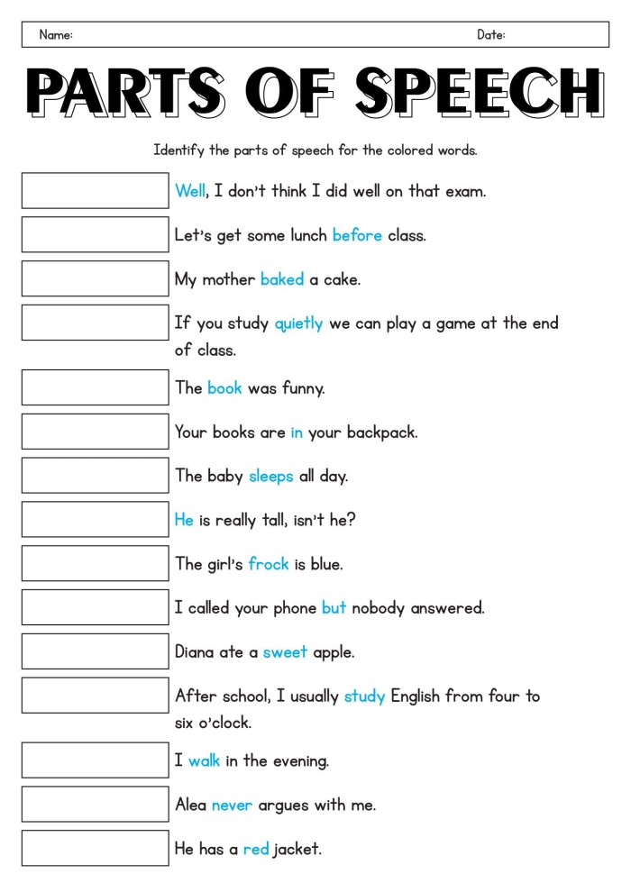 First grade parts of speech quiz worksheet for students to identify nouns and verbs