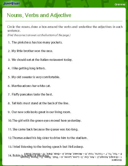 First grade grammar worksheet to help students practice distinguishing between nouns and verbs in sentences.