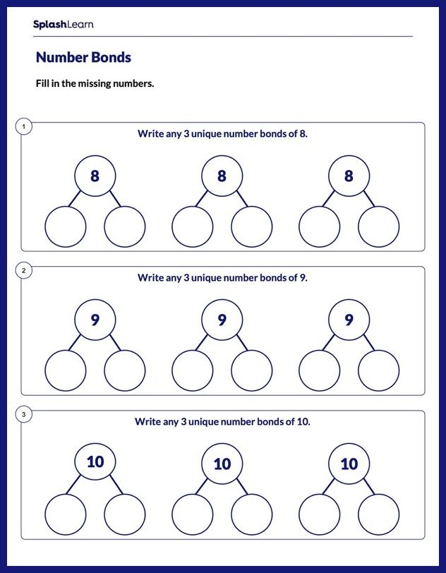 Geography worksheet for First Grade Worksheet featuring first graders composing and decomposing numbers within 20 using number bonds. Engaging Compose and Decompose Within 20 worksheet for young mathematicians.
