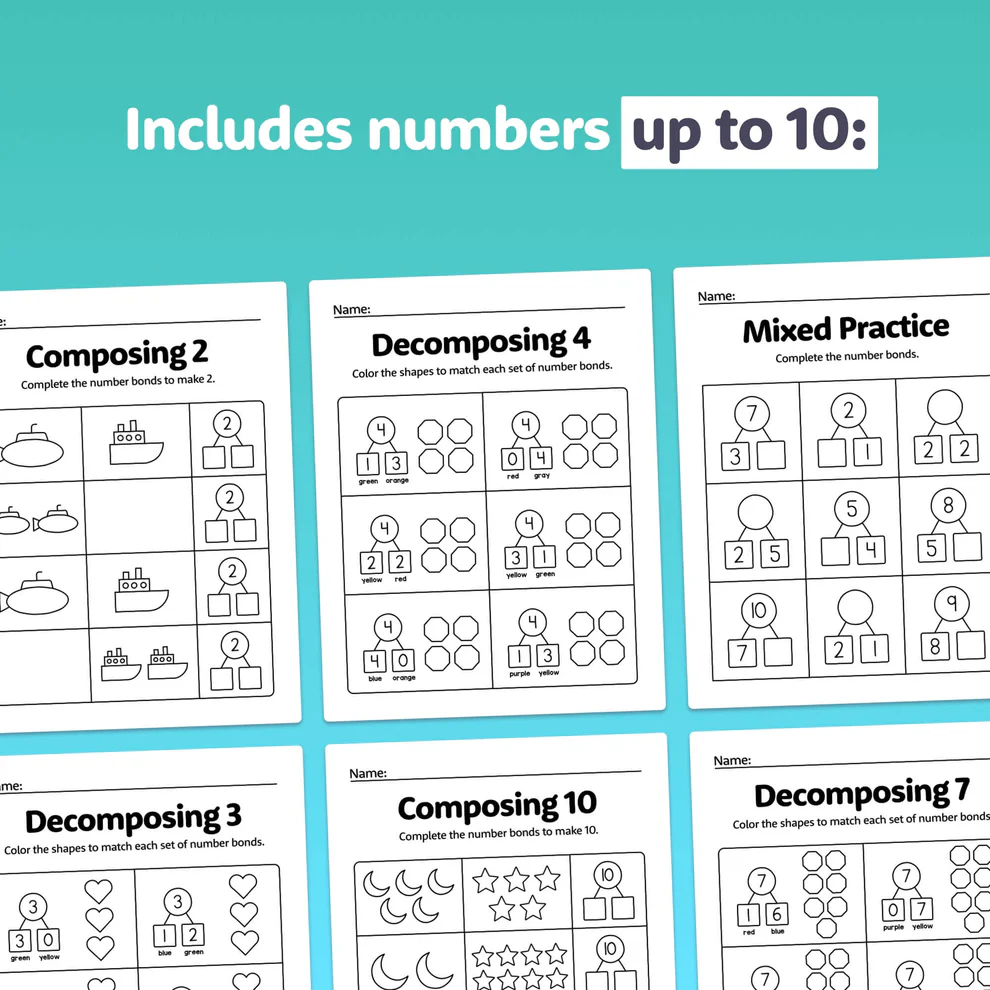 Geography worksheet for First Grade First-grade students engaging with a Compose and Decompose Within 20 worksheet featuring colorful number bonds. Visual representation of composing and decomposing numbers for young mathematicians.