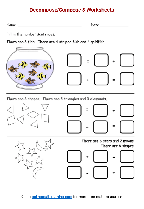 Geography worksheet for First Grade First grade worksheet showing students composing and decomposing numbers within 20 using number bonds. Engaging Compose and Decompose Within 20 worksheet for young mathematicians.