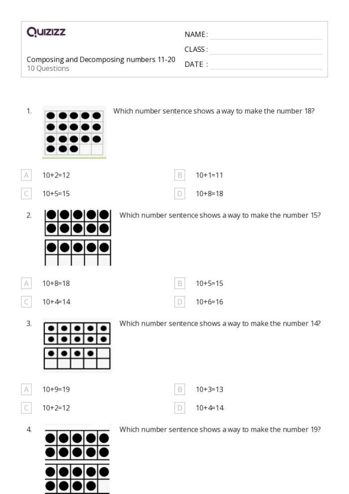 Engaging math practice for young learners focusing on composition and decomposition of numbers First grade worksheet showcasing number bonds and sentences for composing and decomposing numbers within 20
